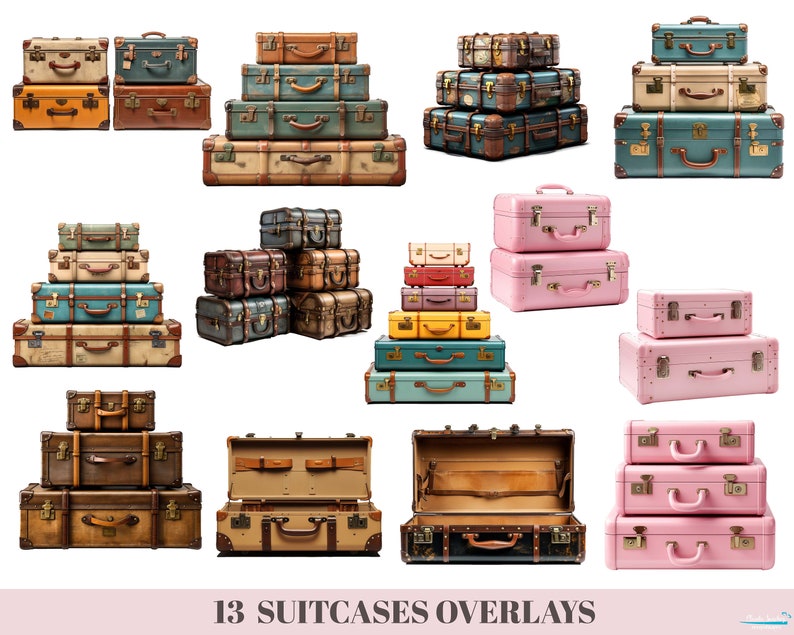 K&ouml;nnte beinhalten: Dreizehn Vintage-Koffer in verschiedenen Farben und Gr&ouml;&szlig;en, darunter Braun, Blau, Pink und Gr&uuml;n. Einige Koffer sind &uuml;bereinander gestapelt, w&auml;hrend andere ge&ouml;ffnet sind, um ihr Inneres zu zeigen. Die Koffer sind vor einem wei&szlig;en Hintergrund angeordnet.