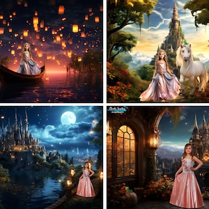 VIER Rapunzel Prinzessin Digitale Hintergründe, Prinzessin Hintergrund, Fantasy Schloss, JPG-Dateien