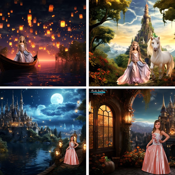 FOUR Rapunzel princess Digital Backgrounds, Princess backdrop, fantasy castle, JPG files