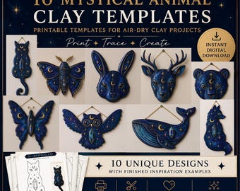 Könnte beinhalten: Eine digitale Sammlung von 10 mystischen Tier-Tonvorlagen mit druckbaren Designs für lufttrocknende Tonprojekte. Das Set enthält Illustrationen von einer Katze, einer Motte, einem Hasen, einem Hirsch, einem Bären, einem Schmetterling, einer Eule, einem Wal und einem Fuchs, alle mit himmlischen Motiven.