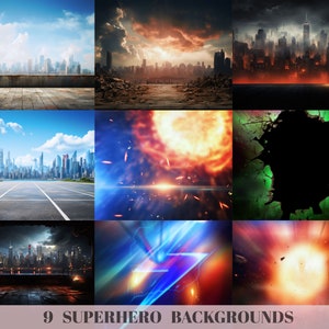 BUNDLE Superhero Digital Backgrounds and Costumes, Super Hero Cosplay Backdrop, 9 JPG backgrounds, 9 PNG costumes