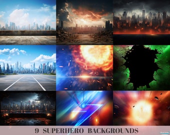 BUNDLE Superhero Digital Backgrounds and Costumes, Super Hero Cosplay Backdrop, 9 JPG backgrounds, 9 PNG costumes