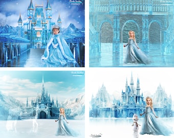 VIER bevroren digitale achtergronden, ijsprinses kasteel, winter, prinses achtergrond, jpg-bestanden
