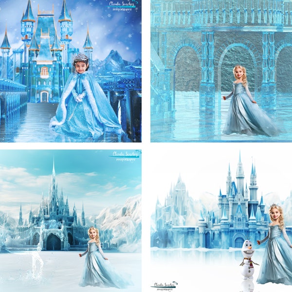 FOUR Frozen Digital Backgrounds, Ice Princess Castle, Winter, Princess backdrop, JPG files