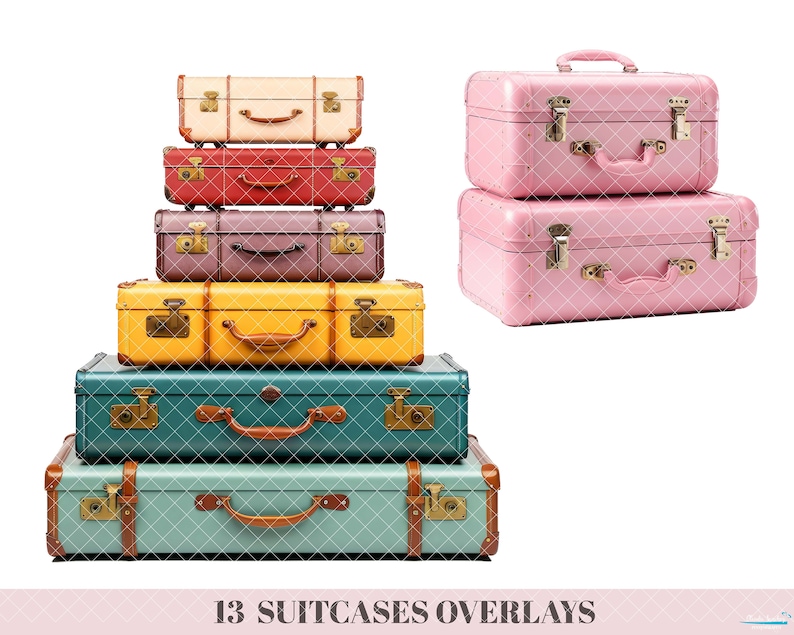 K&ouml;nnte beinhalten: Ein Stapel von sechs Vintage-Koffern in verschiedenen Farben, darunter Gelb, Gr&uuml;n, Rot, Braun und Creme. Die Koffer sind in Pyramidenform angeordnet, wobei der gr&ouml;&szlig;te Koffer unten und der kleinste Koffer oben liegt.