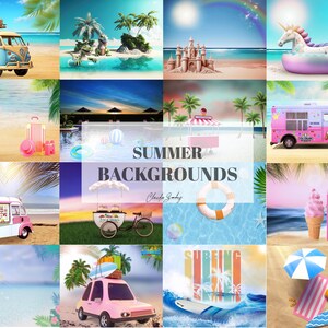 夏のデジタル背景、アイスクリームカート、夢のようなビーチ、JPGファイル