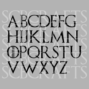 May include: Black and white alphabet font with a serif style. The letters are uppercase and are arranged in alphabetical order.