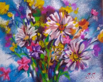 California Poppies Original Art Pastel Painting Floral Landscape Small Picture Above Sofa Wall Art Blooming 9 x 11by LanaLight S.