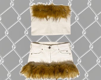 True Religion cream White denim mini skirt and corset top co ord set reworked denim fabric y2k faux fur trim