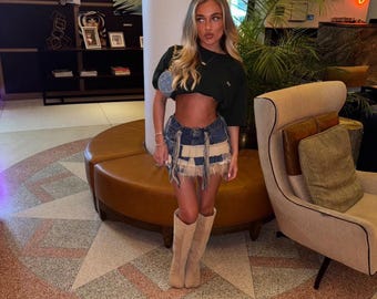Levi’s reworked denim skirt pleated blue and beige denim tassles faux fur custom order rave festival baddie  XS S L XL XXL