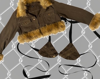 True Religion co ord set khaki jacket faux fur trim true religion denim jacket matching bra top faux fur trim y2k