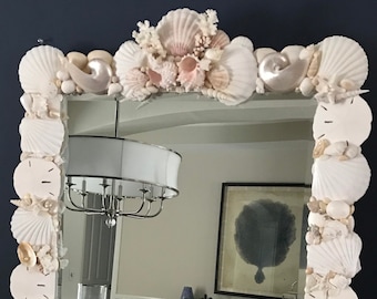 Custom Coral and Pearlized Nautilus Sea Shell Mirror with Top and Bottom Crowns
