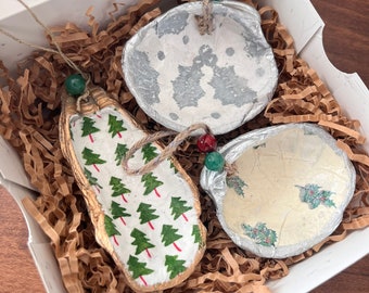 Set of 3 Oyster or Clam Shell Ornaments in Gift Box