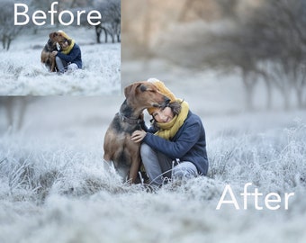 May include: A young person wearing a blue jacket and yellow scarf is sitting in a snowy field with a brown and black dog. The dog is leaning its head on the person's shoulder. The background is blurred and out of focus.