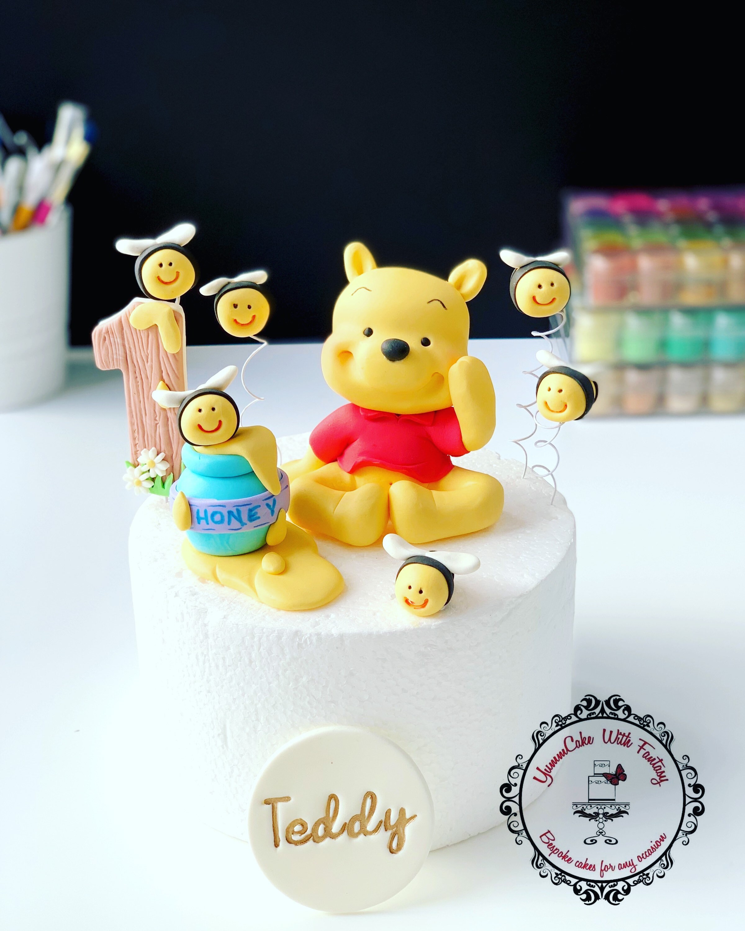Winnie the Pooh , honey pot , 6 bees , number and badge handmade edible birthday cake topper