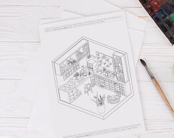 Sophie’s Studio Coloring Page - Isometric Art Inspired by Howl’s Moving Castle | Studio Ghibli Printable for DIY Painting