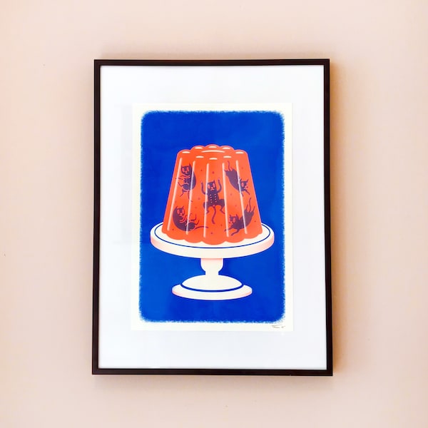 Jell-O cats Risograph print - Neon Orange and Blue