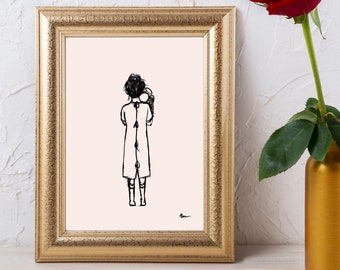 May include: A framed art print featuring a minimalist black and white sketch of a person from the back, wearing a long dress. The artwork is set against a light pink background within a gold ornate frame. A red rose in a gold vase is to the right.