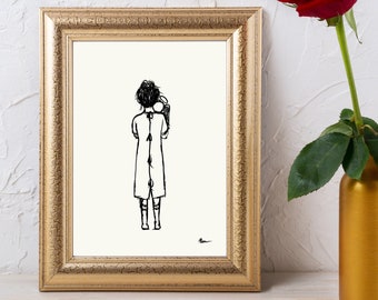 May include: A framed art print featuring a black and white sketch of a person holding an object. The person is seen from the back, wearing a long coat. The artwork is in a gold frame, with a red rose in a gold vase to the right.