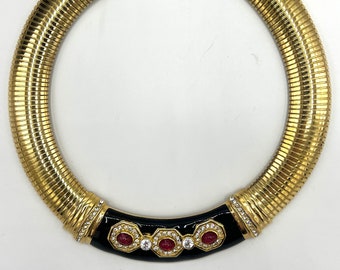 CHRISTIAN DIOR Eighties Black Enamel and Ruby Cabochon Snake Chain Necklace - 1980s Christian Dior Necklace