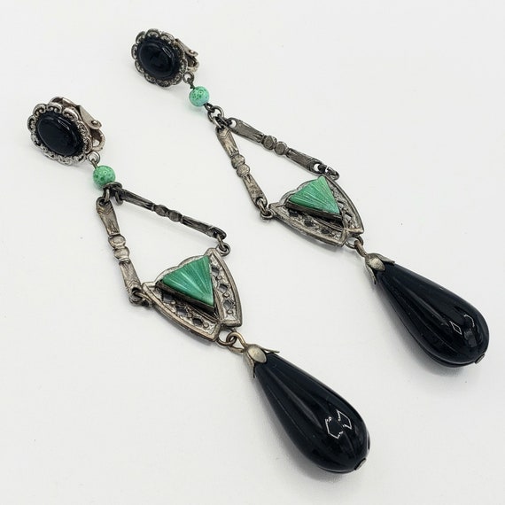 ART DECO Black and Green Dangling Earrings - Long… - image 2