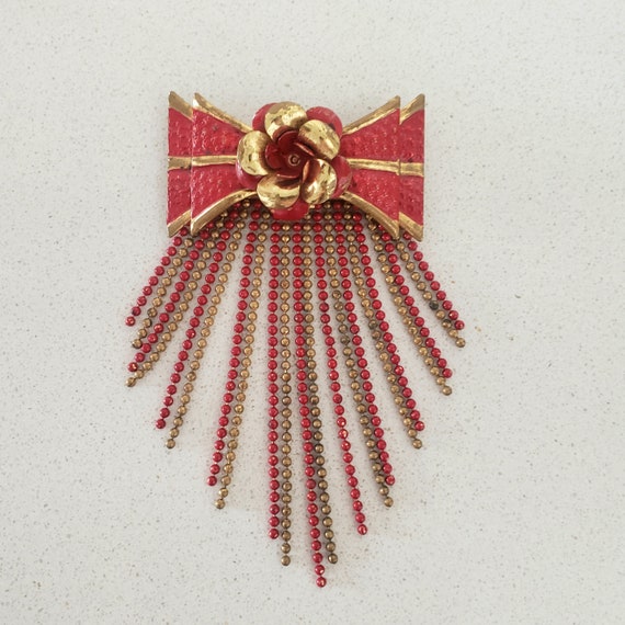 DANGLING CHAINS of Red and Gold Bow and Flower Pin - image 1