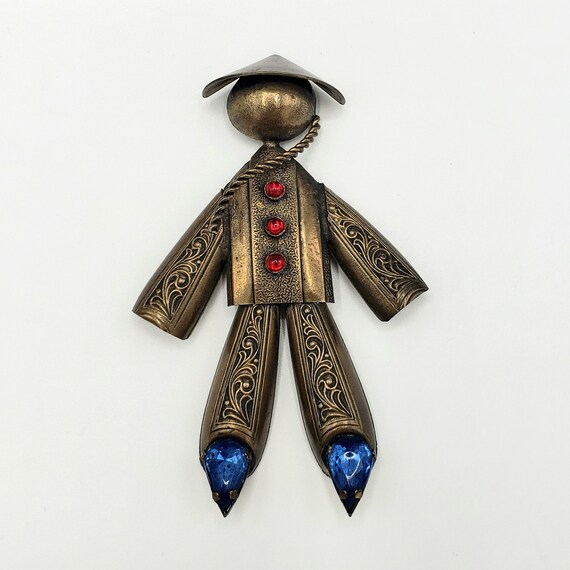 CHINESE Figural Brooch Brass Chinese Man Brooch Gem