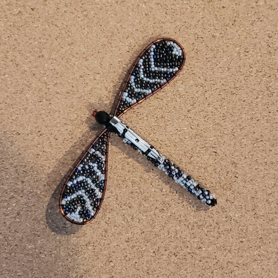 HAND BEADED Lilac and Black Dragonfly Brooch - image 4