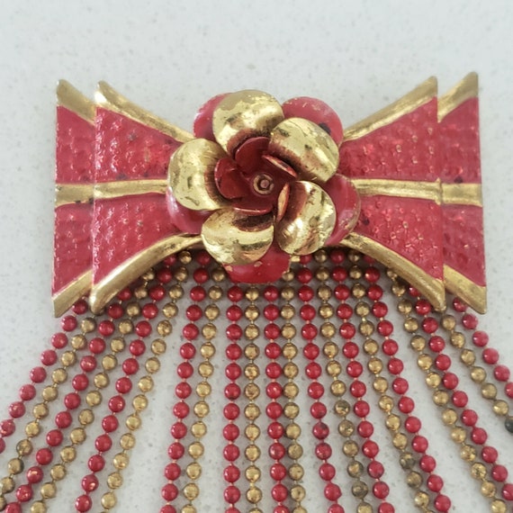 DANGLING CHAINS of Red and Gold Bow and Flower Pin - image 4