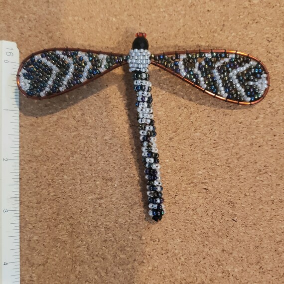 HAND BEADED Lilac and Black Dragonfly Brooch - image 3