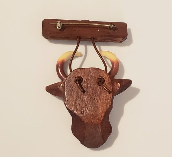 LONGHORN Steer Hand-Carved Wood Vintage Brooch - image 4