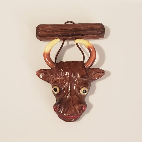 LONGHORN Steer Hand-Carved Wood Vintage Brooch - image 1