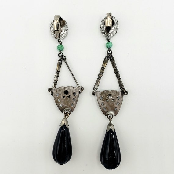 ART DECO Black and Green Dangling Earrings - Long… - image 4