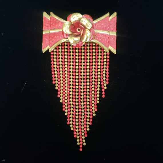 DANGLING CHAINS of Red and Gold Bow and Flower Pin - image 2