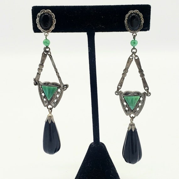 ART DECO Black and Green Dangling Earrings - Long… - image 3