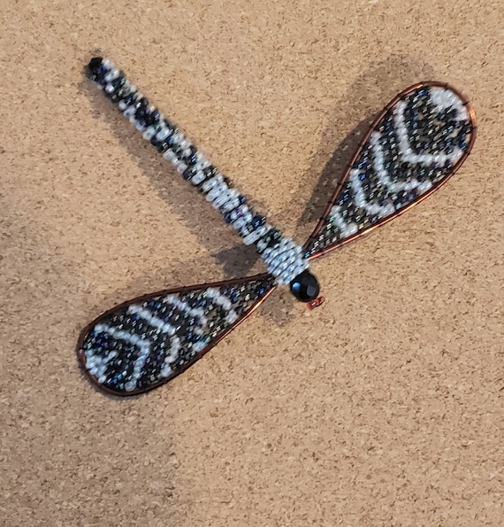 HAND BEADED Lilac and Black Dragonfly Brooch - image 1