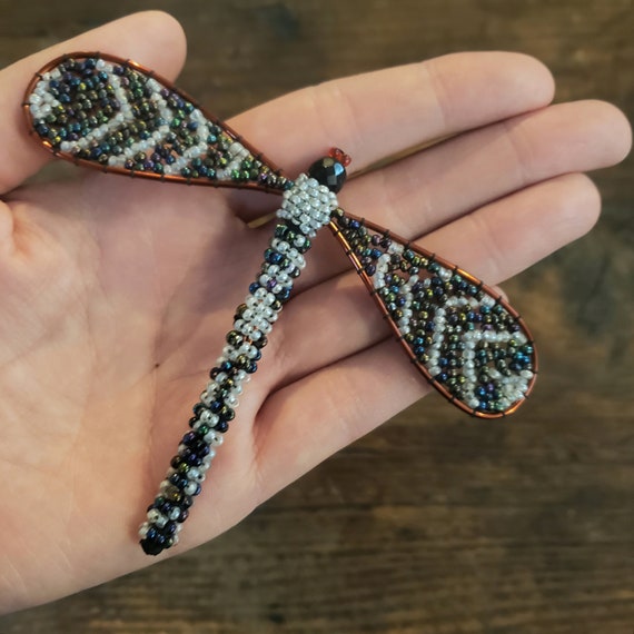 HAND BEADED Lilac and Black Dragonfly Brooch - image 2