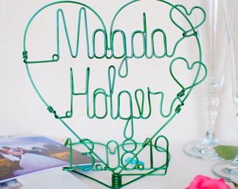 Lettering name made of wire / heart with 2 names and date. An enchanting gift idea for the bridal couple, partners, anniversaries, friends, etc.