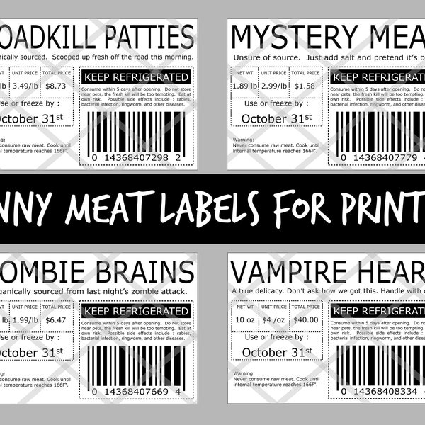 Meat Labels, Halloween Pranks, Fake Food Labels, Funny Food Labels, For Printing, Stickers, & More!