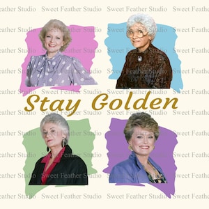 Peut inclure: Quatre images d'une femme aux cheveux blancs et un sourire éclatant. Chaque image est sur un fond de couleur différente. Le texte "Stay Golden" est écrit en lettres dorées en haut des images.