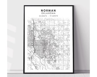 May include: A black and white map of Norman, Oklahoma. The map shows the city's streets and landmarks. The text "NORMAN OKLAHOMA 35.2226°N - 97.4395°W" is printed at the top of the map.