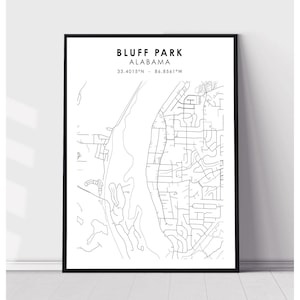 May include: Black and white line art map of Bluff Park, Alabama. The map shows the streets and waterways of the area. The coordinates 33.4015°N - 86.8561°W are printed below the title.