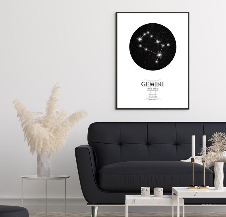 May include: Black and white printable poster featuring the Gemini constellation with a black background and white stars. The poster also includes the text "GEMINI" and the dates "MAY 21 - JUNE 20".
