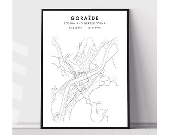 Goražde Map Print | Goražde Bosnia and Herzegovina Map Print | Goražde Bosnia and Herzegovina Map Decor Canvas Print