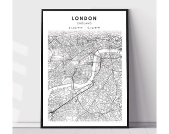May include: A black and white map of London, England. The map shows the city's streets and landmarks. The text "LONDON ENGLAND 51.5074°N - 0.1278°W" is printed at the top of the map.
