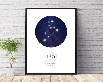 Leo Zodiac Print | Leo Horoscope Star Map | Leo Star Sign | Leo Astrology Sign Print  | Leo Constellation Print