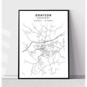 May include: Black and white line art map of Grayson, Kentucky. The map shows the city streets and surrounding area. The text "GRAYSON KENTUCKY" and the coordinates "38.3326°N - 82.9485°W" are printed at the top of the map.
