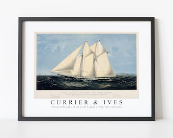 Currier and Ives Art Print | Chromolithograph of the yacht Sappho of New York published | Currier and Ives Wall Art Decor