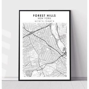 Impression de la carte de la ville de Forest Hills | Forest Hills new york Carte Imprimer | Forest Hills new york carte décor Impression sur toile