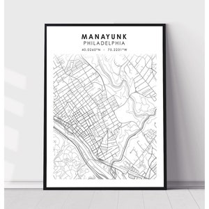 Carte de la ville de Manayunk Imprimer | Manayunk Philadelphie Carte Imprimer | Manayunk Philadelphie Carte Décor Canvas Imprimer